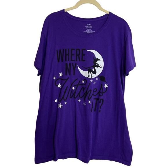 Michaels Womens Halloween Graphic Tee XL Purple Where My Witches At 100% Cotton - Picture 1 of 4
